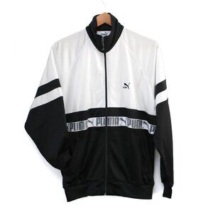 Vintage PUMA Windbreaker 90s Track Jacket Black White  Mock Neck Running Coat M
